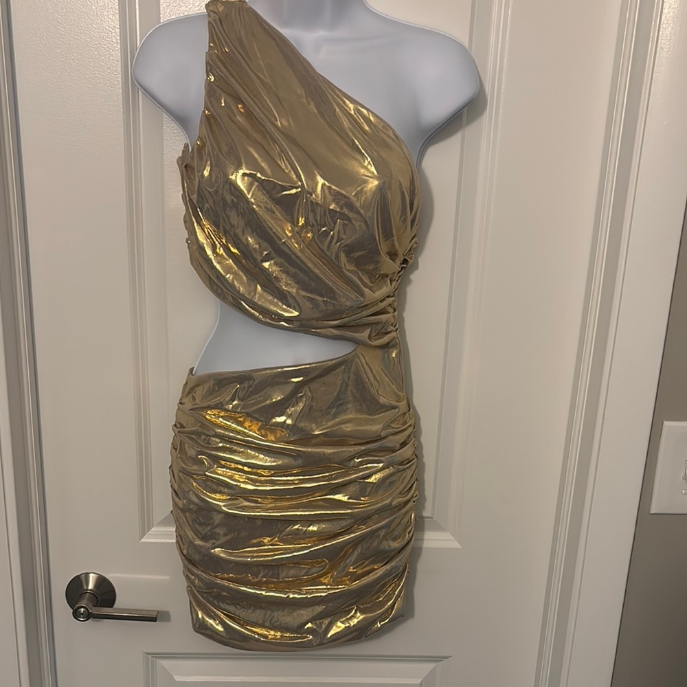 Gold One-Shoulder Ruched Dress